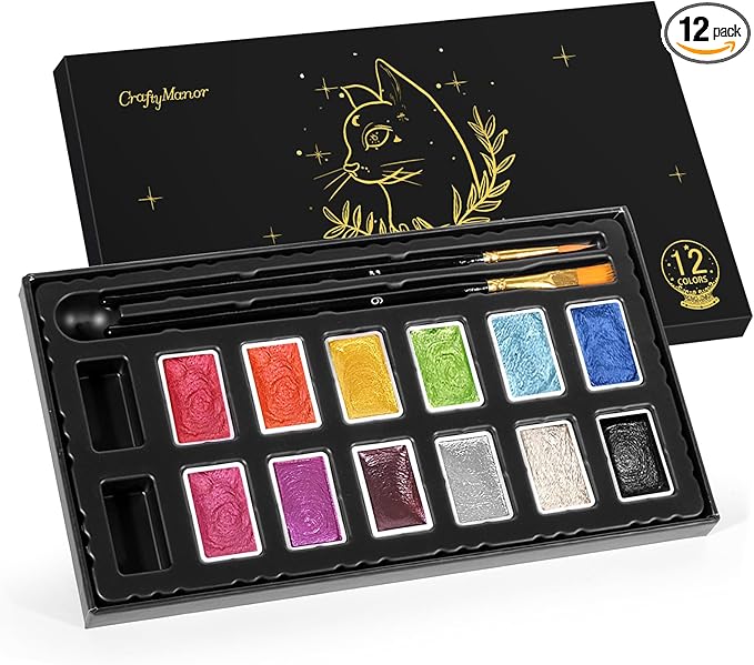 Mini Glitter Watercolor Paint Set with Paper, 12 Colors Shimmer Metallic Watercolour Painting Sets, Solid Pearl Water Color Paints for Adult, Kids(3ml 12 Colors)