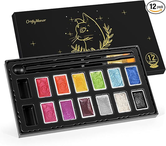 Mini Glitter Watercolor Paint Set with Paper, 12 Colors Shimmer Metallic Watercolour Painting Sets, Solid Pearl Water Color Paints for Adult, Kids(3ml 12 Colors)