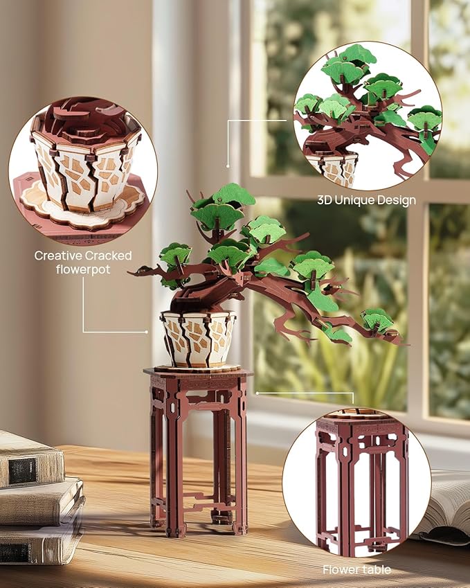 3D Wooden Puzzle for Adults - Evergreen Pine Bonsai, DIY Wood Model Kit, Creative Craft Kit, Unique Gift and Home Decor for Nature Lovers (115PCS)