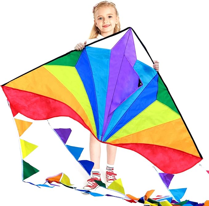HONBO Large Delta Kite for Kids & Adults,Extremely Easy to Fly Kite for Beach Trip,String Line Included,with Colorful Tail,Perfect for Beginners