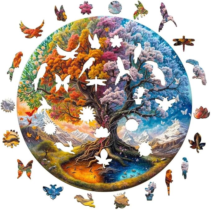 Wooden Puzzles Adults, Seasonal Tree of Life Wooden Puzzles 100 Pieces, Unique Animal Shaped Wood Challenging Jigsaw Christmas Puzzles Gifts for Adults, 8.5x8.5in