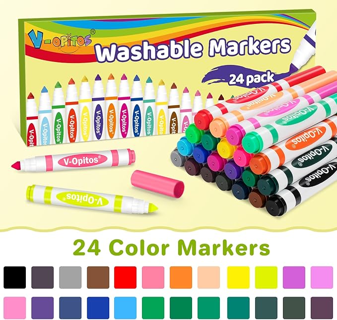 V-Opitos 24 Colors Washable Markers for Kids, Colored Broad Tip Markers Set for Coloring Book, Ideal School Classroom Supplies