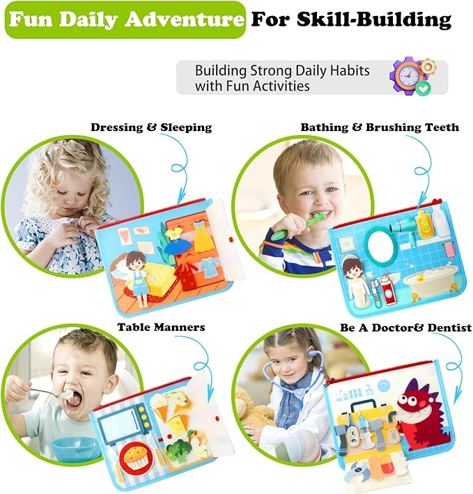 Guolely Busy Board Montessori Toys for 1-6 Years Old - Toddler Travel Toys, Educational Busy Book with 10 Pages Soft Daily Learning Activities - Sensory Toy Gift Ideal for Boys, Girls, Kids
