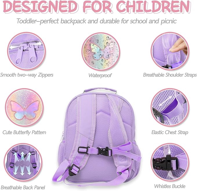 Toddler Backpack for Girls 2-4,Preschool Kindergarten Butterfly Backpacks,Small Backpack for Kids,Toddler Bookbag with Chest Strap