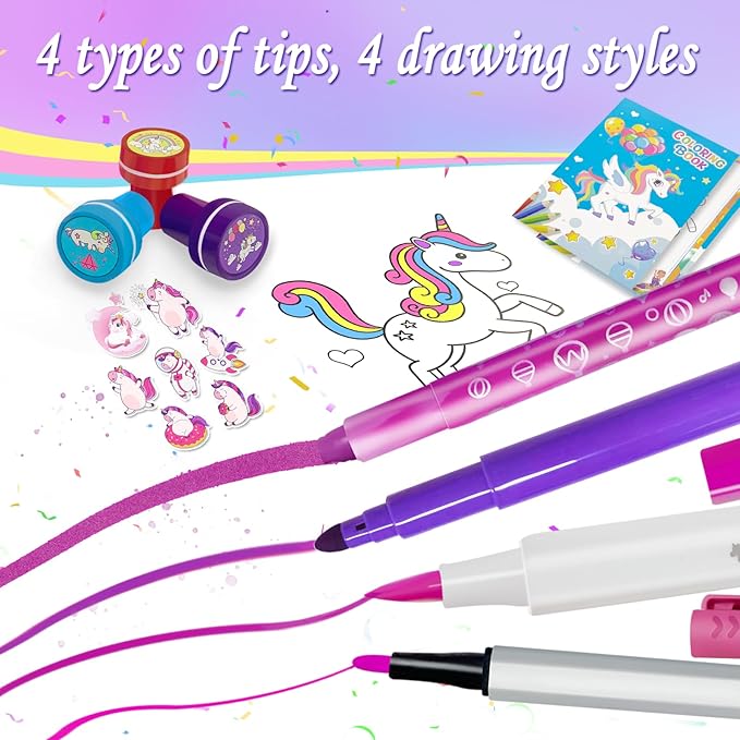 weirtoya 56 PCS Washable Scented Markers Set with Glitter Pencil Case, Mermaid Unicorn Arts and Crafts for kids 4-6-8 Kids Coloring Drawing Kits for 4-8 Years Old Girls Birthday Gifts