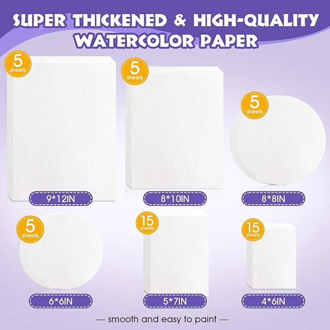 AROIC 50 Sheets Watercolor Paper Bulk, 6 Sizes 9" x 12",8" x 10",8" x 8" etc.(300 GSM), White Water Color Paper for Kids, Adults, Artists, Painting & Craft Paper, Watercolor Paper, Drawing Supplies