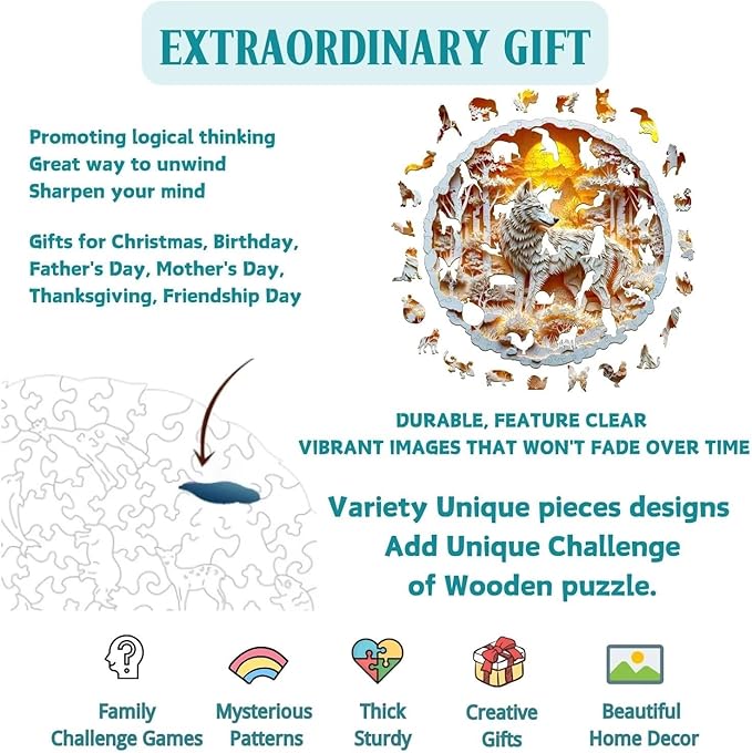 Wooden Puzzles for Adults, 3D Wolf Wooden Puzzles 100 Pieces, Unique Animal Shaped Wood Challenging Jigsaw Puzzles Gifts for Adults, 8.5x8.5in