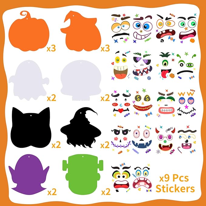 Natonhi Halloween Crafts Set, Halloween Activitie Art and Craft Foam Pumpkin Cat Bat Ghost Witches with Self Adhesive Face Stickers Kits for Kids Holiday Decorations Game Party Favors
