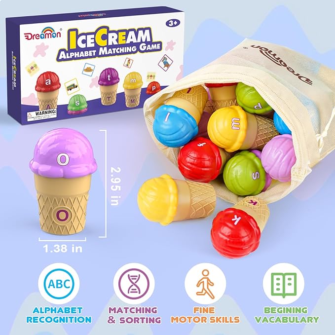 Ice Cream Color Sorting Toys for Toddlers, Montessori Learning Toys with ABC Letter Recognition Flash Cards for Preschool Kids (Alphabet)
