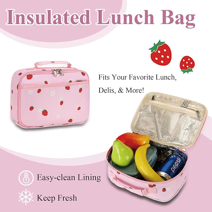 LEDAOU Kids School Backpack with Lunch Box for Girls Kindergarten BookBag School Bag Preschool Toddler Backpack (Pink Strawberry)