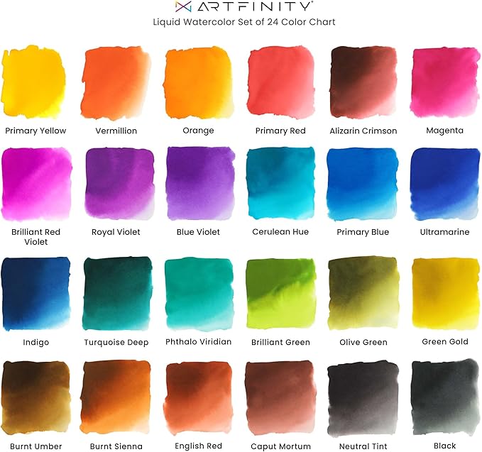 Artfinity Liquid Watercolor Paint 30 ml Bottles, Set of 24 Colors - Vibrant Dye-Based Liquid Watercolor w/Glass Pipette, Fast-Drying, Fine Art Paint for Calligraphy, Airbrushing & Traditional Art