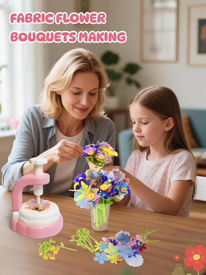 DIY Flower Bouquet Kit - Fabric Flower Bouquets Kids Toys for 3+ Years Old Girls, Birthday Preschool Kindergarten Pink Supplies Gift Set, Art Activities Presents with Wrapping Paper Display Base