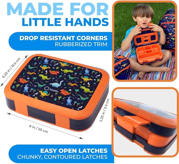 Bento Box with Thermal, Stainless Steel Food Jar for Hot-Cold Food or Soup, Insulated Lunch Bag and Ice Pack Set for Kids or Toddlers. Ages 3 to 7, Blue Dinosaur