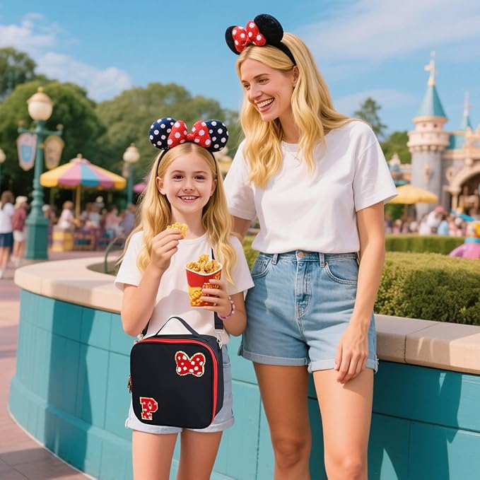 Preppy Initial Bow Mouse Lunch Bag, Kids Insulated Lunch Box Gifts for Teen Girls Daughter, Reusable Soft Lunch Containers Crossbody Cooler Bag Must Haves for Park Travel School Work Picnic Black P