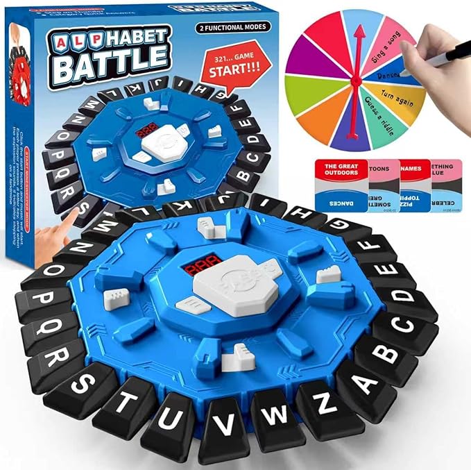 Family Board Word Games for Kids & Adults w/Display Timer, Fast Paced 24-Letter Learning Party Card Game with Spinning Penalty Wheel, 2 Modes & 220 Topics, Xmas & Birthday Gifts, Blue