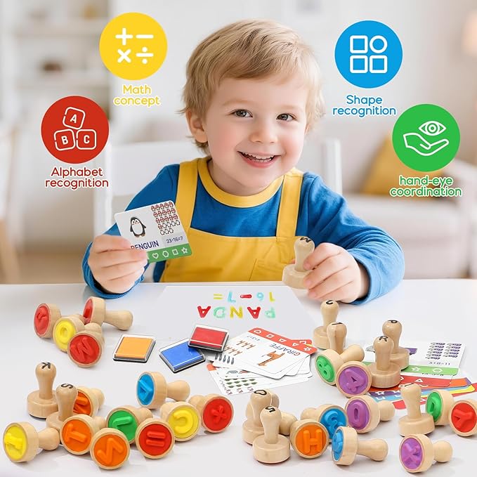 Atoylink Wooden Alphabet Number Stamps for Kids with Ink Pads, ABC Spell Learning Toys 26 Letter Stamps & Flash Cards, Preschool Educational Toy Gifts for 3 4 5 Year Old Boys Girls
