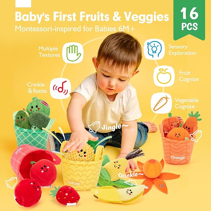 hahaland Baby Sensory Toys - 16 PCS My First Fruit Vegetable Color Sorting Play Food with Crinkle, Rattle, Baby Toys 6-12 Months Montessori Toys for 1 Year Old Boy Girl Gifts Toddler Stocking Stuffers