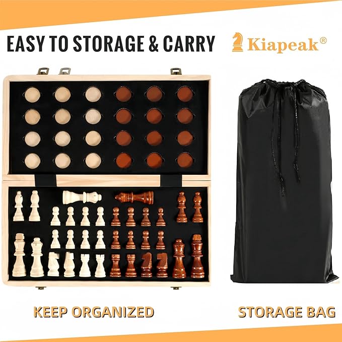 Chess Board Sets, 15 Inch Magnetic Chess Set for Adults & Kids, Checkers Board Game, Handmade Folding Chess Boards with 2 Extra Queens by Kiapeak