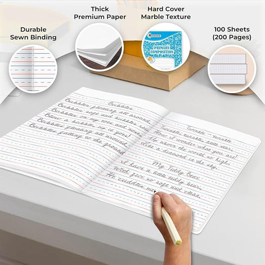5000 Pack (Pallet) Primary Ruled Composition Notebooks Bulk, 100 Sheets (200 Pages), 9-3/4 x 7-1/2, Ideal for Grades K-2, School Districts, Wholesale Bulk Purchasing, 4-7 Days Transit