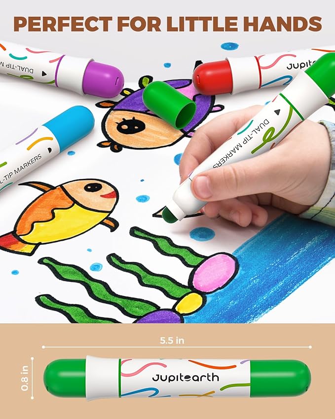 Washable Dual Tip Markers for Kids, Broad & Round Tip, Easy-Grip Design for Little Hands, 24 Vibrant Colors Toddler Markers with Portable Case, Preschool Art Supplies for Kids Toddlers