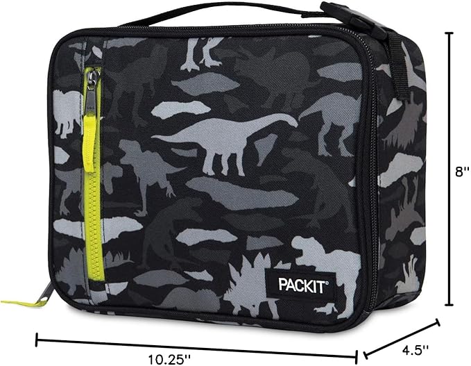 PackIt Freezable Classic Lunch Box, Dino Camo Charcoal, Built with EcoFreeze Technology, Collapsible, Reusable, Zip Closure With Zip Front Pocket and Buckle Handle, Designed for Lunches