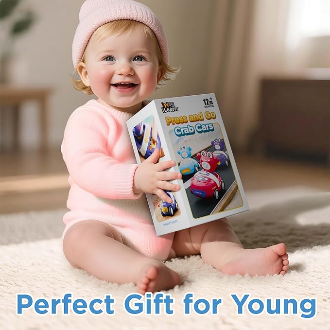 iPlay, iLearn Press to Go Crab Car Toys Set for Toddlers 1-3, Baby Push Go Friction Racing Cars, Infant Play Vehicle Set, 1st Birthday Gift for 12-18-24 Months, 1 2 3 One Yrs Old Boys Girls Child Kid