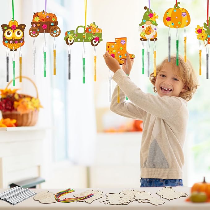 JellyArch 30 Pack Fall Wind Chime Making Kit for Kids Make Your Own Wind Chime Harvest Maple Leaf Wooden Ornaments for Girls Boys DIY Activity Birthday Decoration