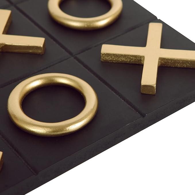 NIKKY HOME 12x12 Inch Tic Tac Toe Wood Game Board Classic Coffee Table Decor Modern Wooden Travel Game for Family, Black & Gold