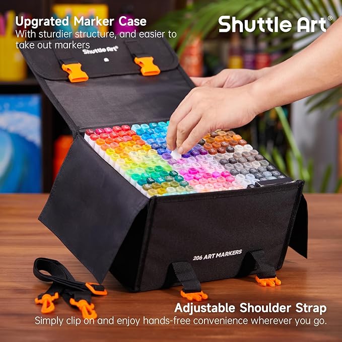 Shuttle Art 206 Colors Alcohol Markers, 204 Colors Dual Tip Art Marker Set Plus 2 Colorless Blender, Micro-tip Pens, White Highlighter Pens, Marker Bag Perfect for Students Adults Coloring