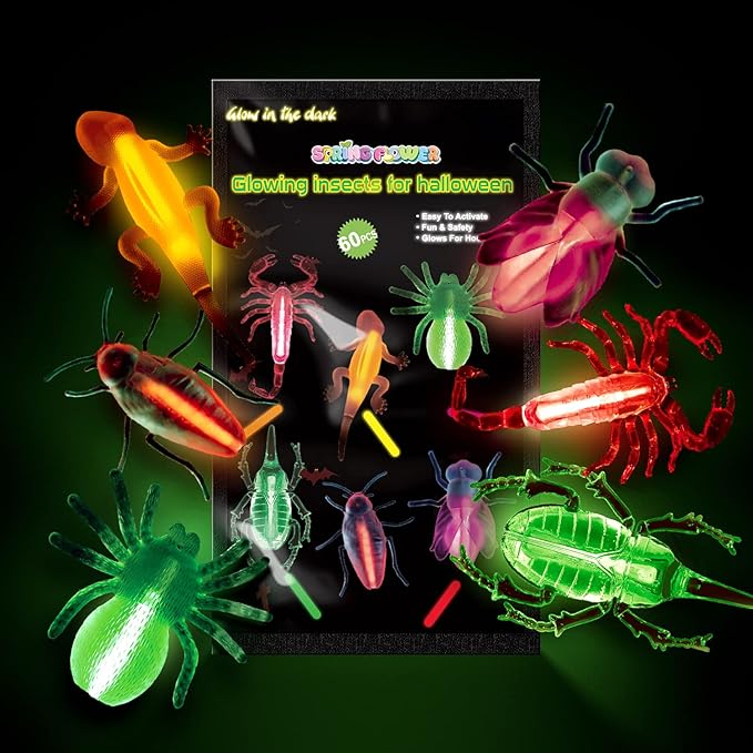 SpringFlower 60pcs Halloween Glow Critters Set for Halloween Party Favor,18 Critters Toys and 42 Glow Sticks, Glow in The Dark Party Favors, Halloween Goodie Bag Fillers, Halloween Miniatures.