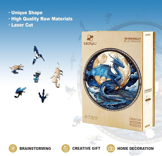 Wooden Puzzles for Adults - Moonlight Blue Dragon Wooden Jigsaw Puzzle - Unique Shape 3D Vision Wood Puzzles Adult - Christmas Birthday Gifts for Adults/Friends/Family - 200pcs 11.4 * 11.4in