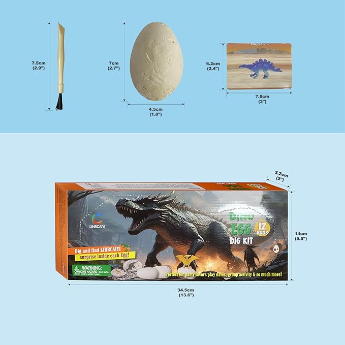 Dino Eggs Dig Kit 12Pcs Dinosaur Excavation Bricks Toys Archaeology Science STEM Experiments Toy Egg Hunt Party Gift for Kids 6-12 Years Old and Up Boys Girls
