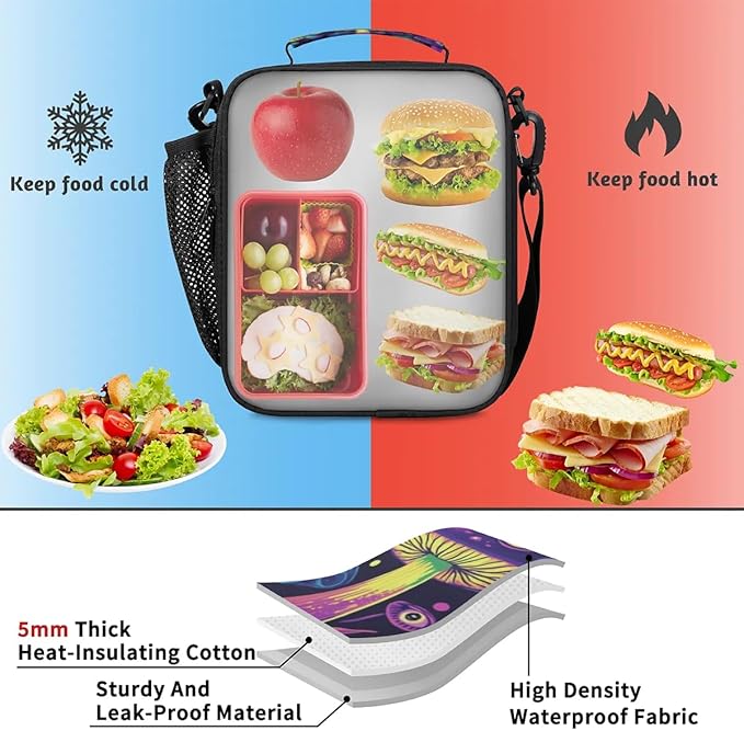 Mushrooms Insulated Lunch Box Kids Reusable Portable Lunchbox Bag with Adjustable Shoulder Strap and Water Bottle Holder for Work School Travel