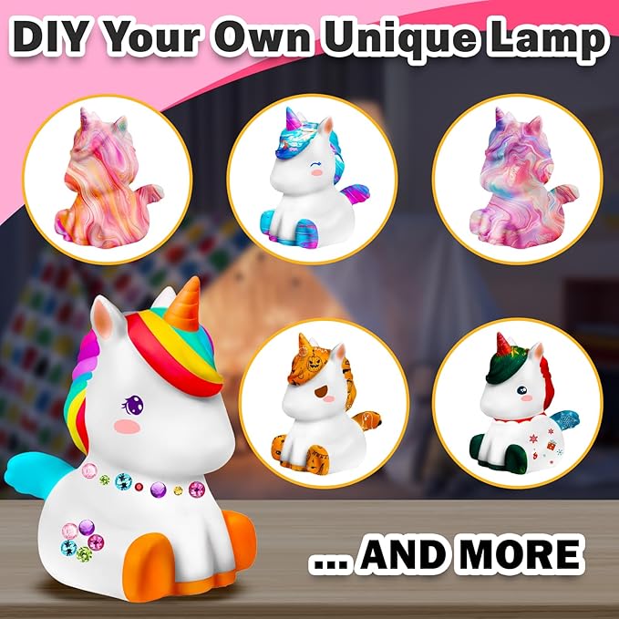 FUNZBO Paint Your Own Unicorn Lamp Kit - Arts and Crafts Supplies Painting Kits for Kids Teens Adults, DIY Night Light Unicorn Toy for Toddlers Girls Boys Age 3 4 5 6 7 8 9 10 11 12 13 + Birthday Gift