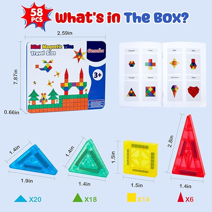 Gemmicc 58 PCS Mini Magnetic Tiles, Travel Magnet Construction Toys with Metal Storage Box, Sensory Montessori Toys for Boys Girls