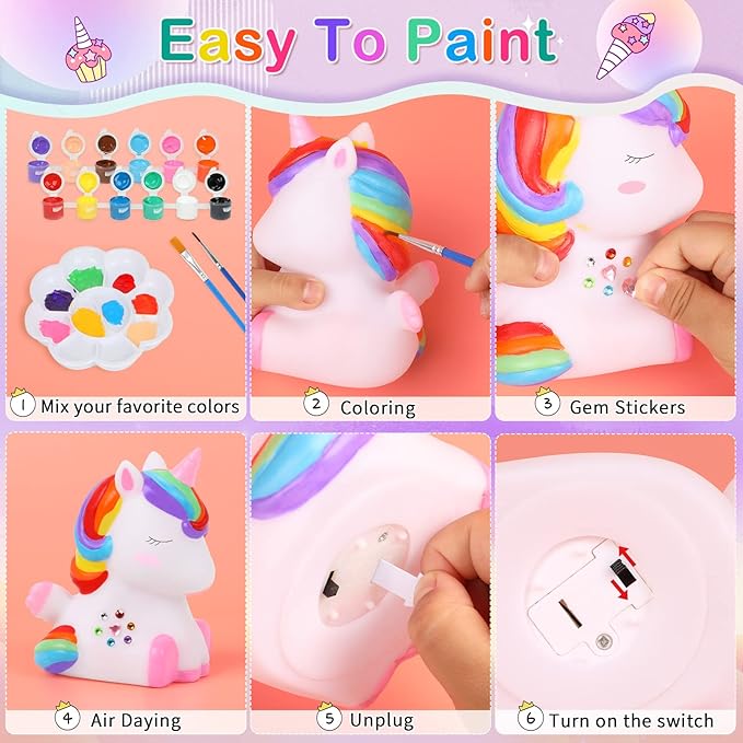 dededa Paint Your Own Unicorn Night Light Art Kit, Arts and Crafts for Kids Ages 4-8,Unicorns Gifts for Girls Painting Kit Unicorn Toys for Kids 4 5 6 7 8 9 10 11 12+ (1Pc)