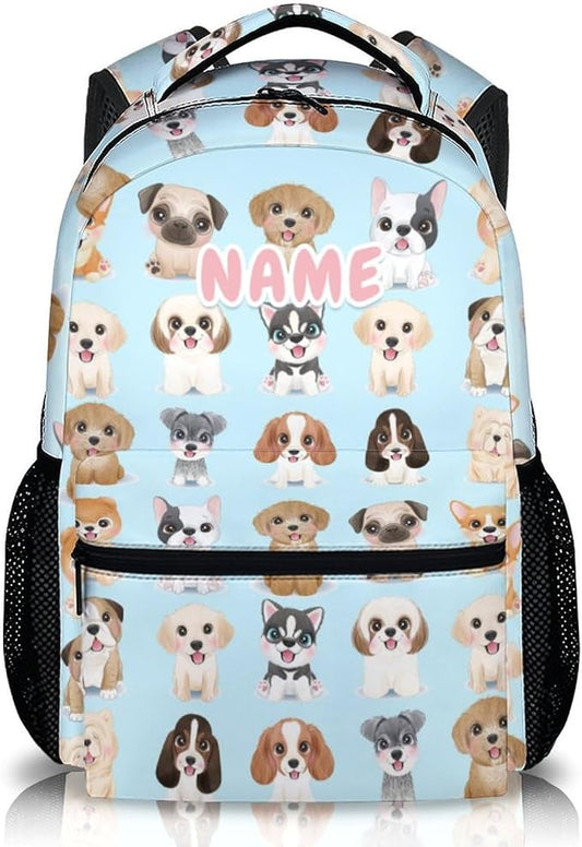 Custom Dog Backpacks for Kids, Large Capacity Backpack for School, Cute Blue Doggy Print Lightweight Bookbag for Boys & Girls