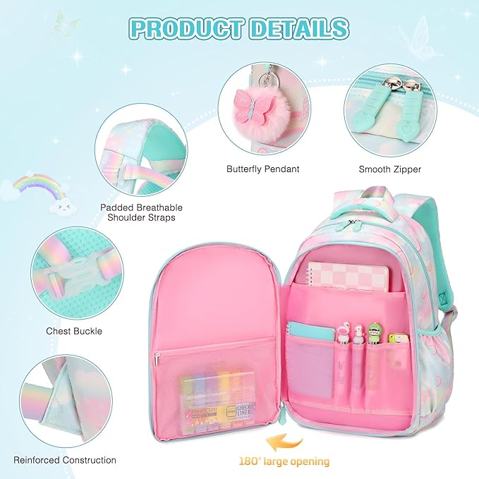 Rainbow Butterfly Backpack Set with Lunch Bag & Pencil Case, Kids' Kindergarten to Middle School Book Bag, Green