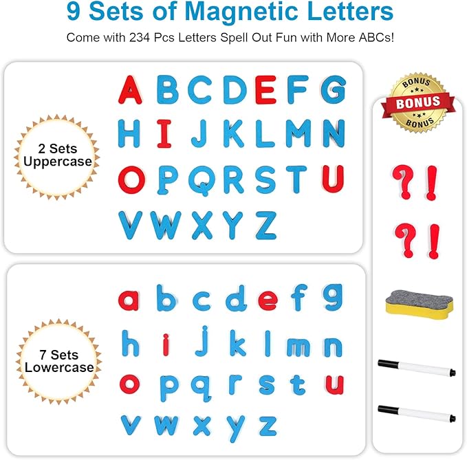 Magnetic Letters Kit, A-Z Foam Magnetic Letters, Alphabet Letters with Large Double-Side Magnet Board and Learning Cards, Educational Refrigerator Magnets for Preschool Learning Spelling (Blue/Red)