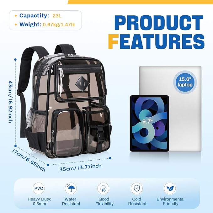 Clear Backpack for School,Heavy Duty PVC Transparent Bookbag for Girls Stadium Approved See Through Backpack