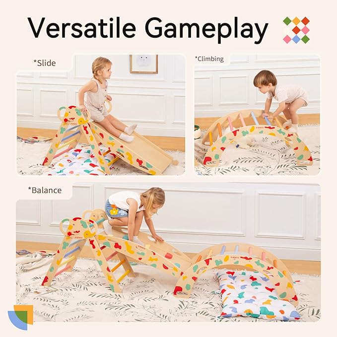 wingyz Pikler Triangle Climbing Set with Cushion,Wooden 8 in 1 Jungle Gyms for Toddlers 1-3, Indoor Playground for Kids,Baby Montessori Climber Gift(Rainbow)