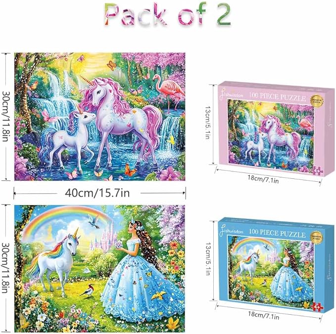 Pack of 2, 100 Piece Jigsaw Puzzles for Adults and Teens and Kids Family Happy Games Princess Unicorns Puzzles