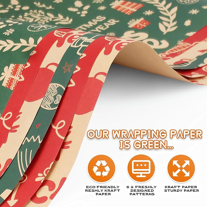 Merry Christmas Wrapping Paper Set, 6 Folded Sheets Green Red Kraft Xmas Wrap, Holiday Deer Trees Santa Snowman Kraft Winter Holiday New Year Gift Wrap for Women, Men, Boys, Girls