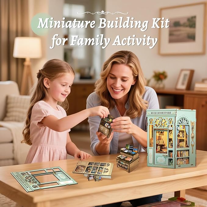 Fsolis Book Nook Kit - DIY Miniature House Kit 3D Puzzles for Adults Beginners Tiny House Mini Booknook Craft Bookshelf Decor, 281 Wooden Pieces, Gifts for Women Teenagers Book Lovers (Muse Bookstore)