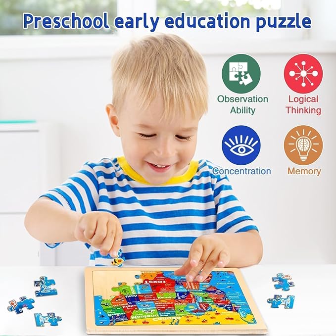 Wooden Puzzles for Toddlers 3 5, 6 Packs 24Pcs Solar System Wooden States World Map Kids Puzzles Ages 4 8, Preschool Educational Brain Toys Gifts for Boys and Girls 2 4 3 5 Year Old