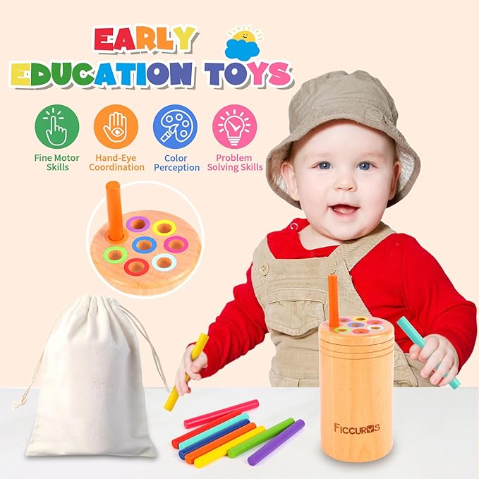 Toddler Montessori Toys,Baby Wooden Color Sorting Stick Toys for 18 Months Old Toddlers,Fine Motor Toys Sensory Matching Games, Kids Educational Toys for Boys Girls Gifts