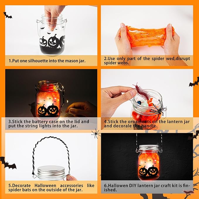 Shemira Halloween Craft Kit for Kids, 12 pcs Glass Mason Jar with Accessories for DIY Lantern Jar, Halloween Art & Craft Party Supplies, Halloween Art Activities, Crafts and Arts Party Supplies