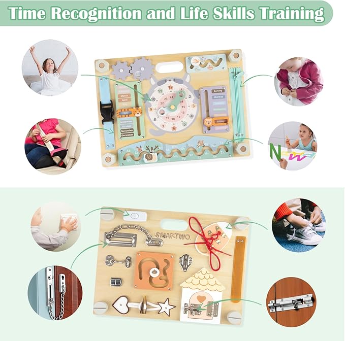 Double-Sided Wooden Busy Board for Toddlers, Sensory Activity Board, Montessori Travel Toy for Kids Age 3-5, Educational Toy for Autism, Ideal Choice for Baby Girls or Boys Birthday