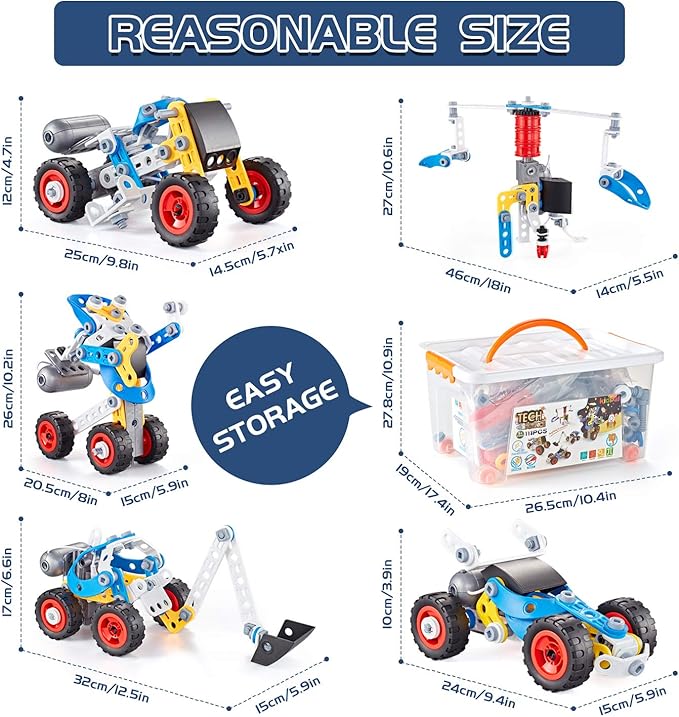 Erector Set for Boys 6-12, Building Toys for Kids Ages 4-8, 5 in 1 STEM Toys Ages 4-7 with Electric Power Motor, Construction Toys for Age 5 7 8 9 Years Old, 113 PCS DIY