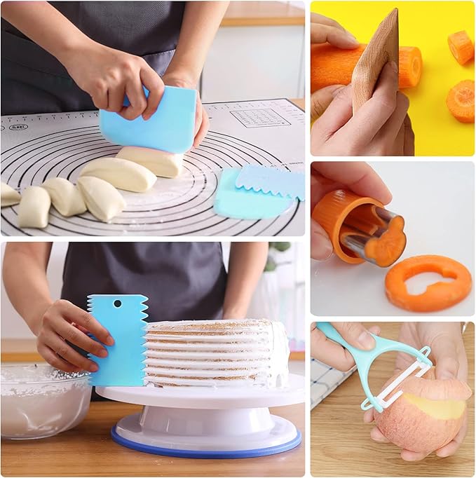 RISICULIS 21 Pieces Toddler Knife, Kids Knife Set Includes Wood Kids Safe Knife, Plastic Toddler Knife, Cutting Board, Apron, Chef Hat, Y Peeler, Crinkle Cutter, Cake Scraper, Gloves, Sandwich Cutter
